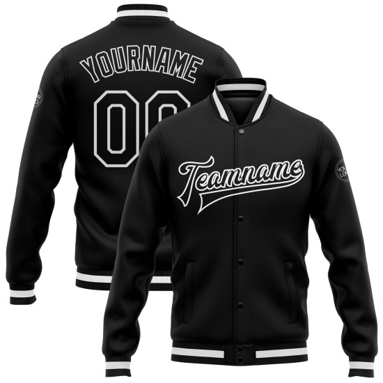 Custom Black Black-White Bomber Full-Snap Varsity Letterman Jacket Custom Black Black-White Bomber Full-Snap Varsity Letterman Jacket