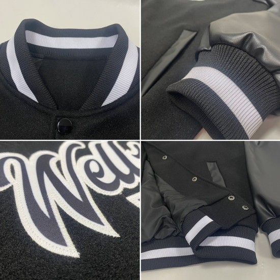 Custom Black Black-White Bomber Full-Snap Varsity Letterman Jacket Custom Black Black-White Bomber Full-Snap Varsity Letterman Jacket