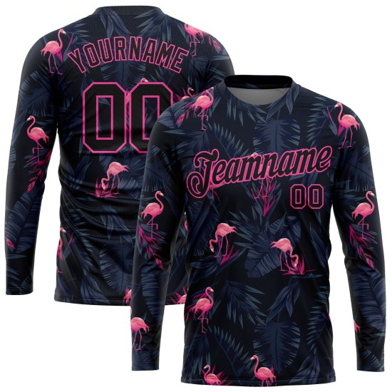 Custom Black Black-Pink Flamingo 3D Pattern Long Sleeve Performance T-Shirt Custom Black Black-Pink Flamingo 3D Pattern Long Sleeve Performance T-Shirt
