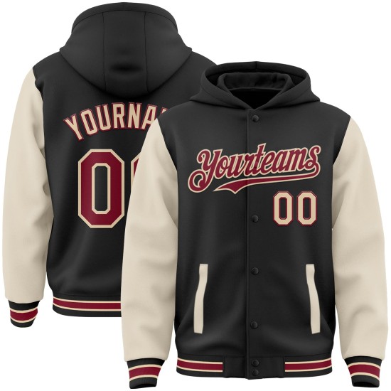 Custom Black Crimson Cream-City Cream Bomber Full-Snap Varsity Letterman Two Tone Hoodie Jacket Custom Black Crimson Cream-City Cream Bomber Full-Snap Varsity Letterman Two Tone Hoodie Jacket
