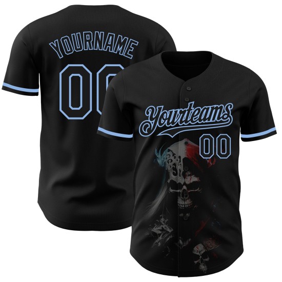 Custom Black Light Blue 3D Skull Fashion Authentic rugby Jersey Custom Black Light Blue 3D Skull Fashion Authentic rugby Jersey