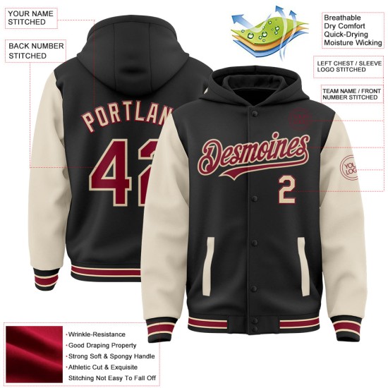 Custom Black Crimson Cream-City Cream Bomber Full-Snap Varsity Letterman Two Tone Hoodie Jacket Custom Black Crimson Cream-City Cream Bomber Full-Snap Varsity Letterman Two Tone Hoodie Jacket