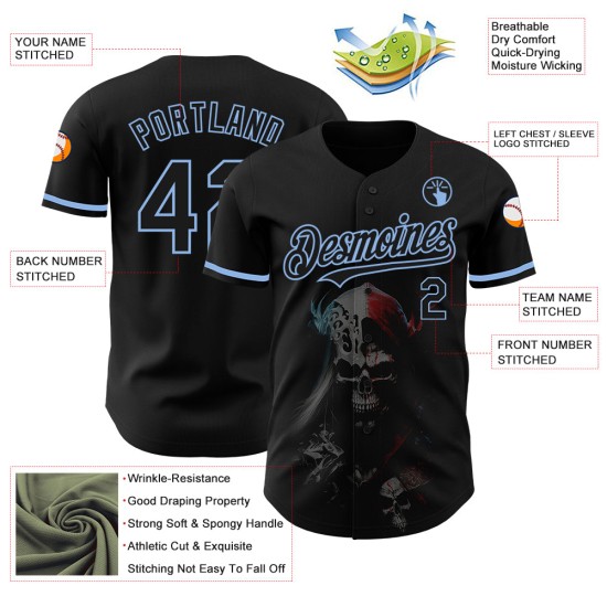 Custom Black Light Blue 3D Skull Fashion Authentic rugby Jersey Custom Black Light Blue 3D Skull Fashion Authentic rugby Jersey