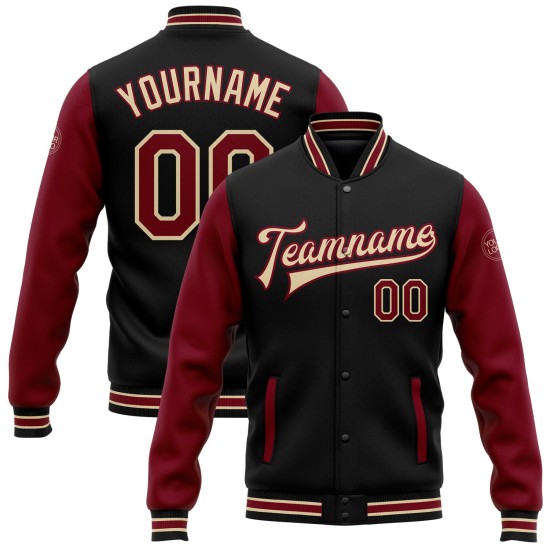 Custom Black Crimson-City Cream Bomber Full-Snap Varsity Letterman Two Tone Jacket Custom Black Crimson-City Cream Bomber Full-Snap Varsity Letterman Two Tone Jacket