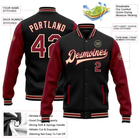 Custom Black Crimson-City Cream Bomber Full-Snap Varsity Letterman Two Tone Jacket Custom Black Crimson-City Cream Bomber Full-Snap Varsity Letterman Two Tone Jacket