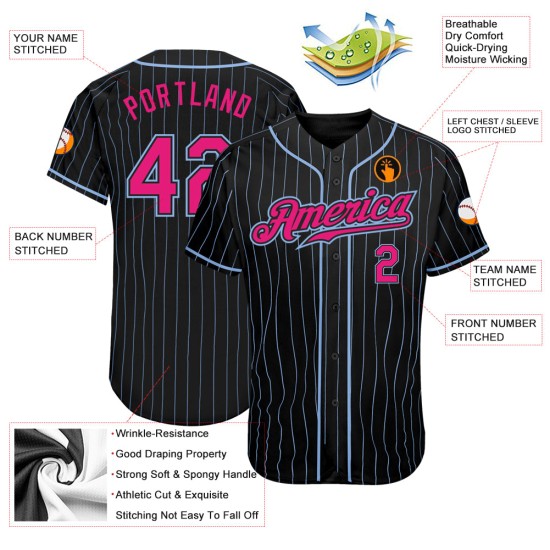Custom Black Light Blue Pinstripe Hot Pink-Light Blue Authentic rugby Jersey Custom Black Light Blue Pinstripe Hot Pink-Light Blue Authentic rugby Jersey