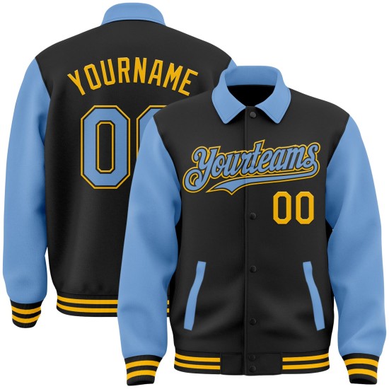 Custom Black Light Blue-Gold Bomber Full-Snap Varsity Letterman Two Tone Lapel Collar Byron Jacket Custom Black Light Blue-Gold Bomber Full-Snap Varsity Letterman Two Tone Lapel Collar Byron Jacket