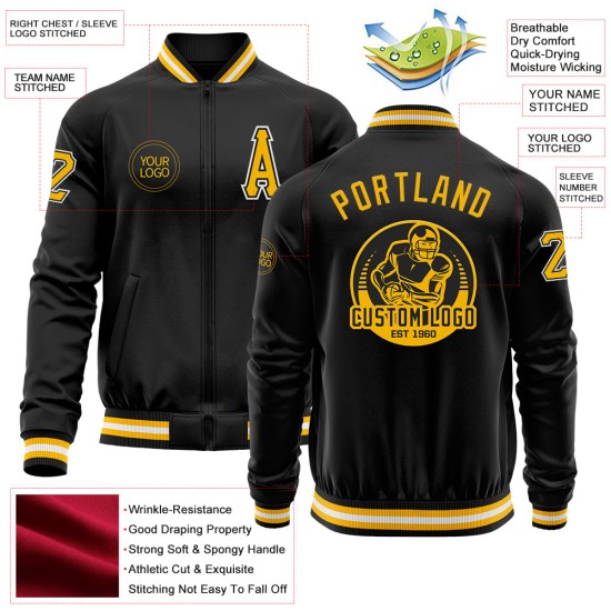 Custom Black Gold-White Bomber Varsity Letterman Zipper Jacket Custom Black Gold-White Bomber Varsity Letterman Zipper Jacket