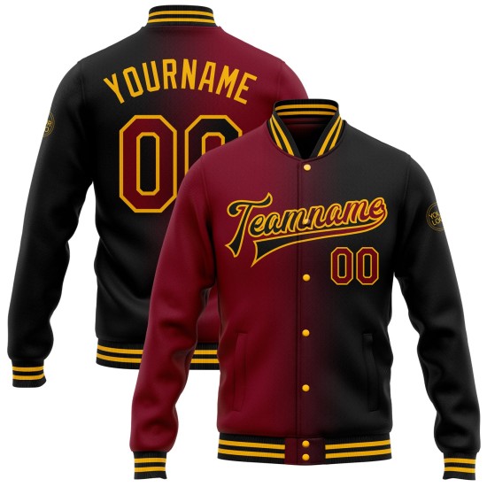 Custom Black Crimson-Gold Bomber Full-Snap Varsity Letterman Gradient Fashion Jacket Custom Black Crimson-Gold Bomber Full-Snap Varsity Letterman Gradient Fashion Jacket