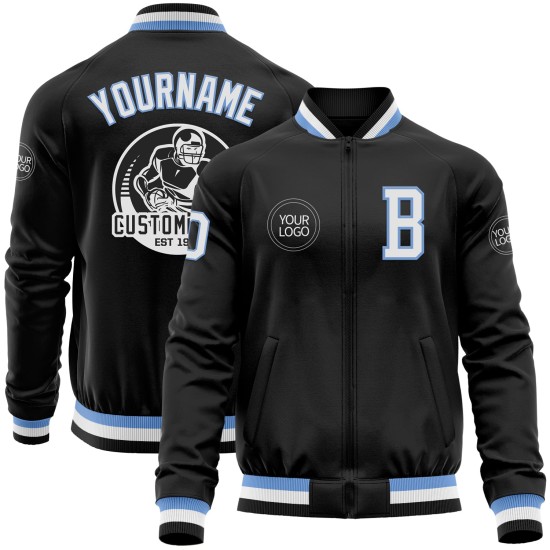 Custom Black Light Blue-White Bomber Varsity Letterman Zipper Jacket Custom Black Light Blue-White Bomber Varsity Letterman Zipper Jacket