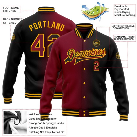Custom Black Crimson-Gold Bomber Full-Snap Varsity Letterman Gradient Fashion Jacket Custom Black Crimson-Gold Bomber Full-Snap Varsity Letterman Gradient Fashion Jacket