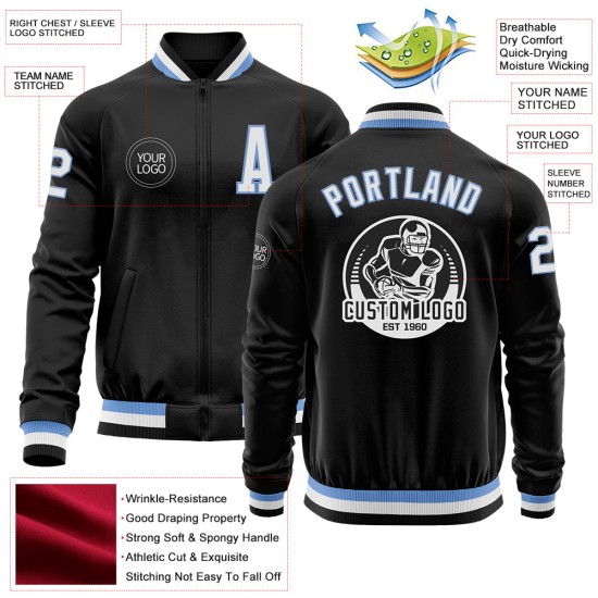 Custom Black Light Blue-White Bomber Varsity Letterman Zipper Jacket Custom Black Light Blue-White Bomber Varsity Letterman Zipper Jacket