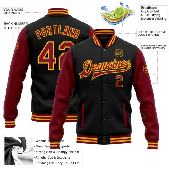 Custom Black Crimson-Gold Bomber Full-Snap Varsity Letterman Two Tone Jacket Custom Black Crimson-Gold Bomber Full-Snap Varsity Letterman Two Tone Jacket