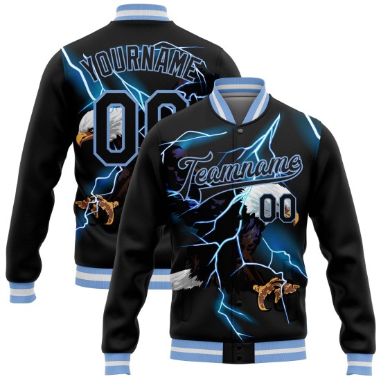 Custom Black Light Blue-White Lightning Eagle 3D Pattern Design Bomber Full-Snap Varsity Letterman Jacket Custom Black Light Blue-White Lightning Eagle 3D Pattern Design Bomber Full-Snap Varsity Letterman Jacket