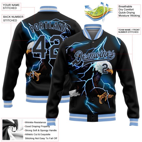 Custom Black Light Blue-White Lightning Eagle 3D Pattern Design Bomber Full-Snap Varsity Letterman Jacket Custom Black Light Blue-White Lightning Eagle 3D Pattern Design Bomber Full-Snap Varsity Letterman Jacket