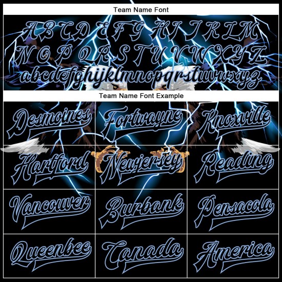 Custom Black Light Blue-White Lightning Eagle 3D Pattern Design Bomber Full-Snap Varsity Letterman Jacket Custom Black Light Blue-White Lightning Eagle 3D Pattern Design Bomber Full-Snap Varsity Letterman Jacket