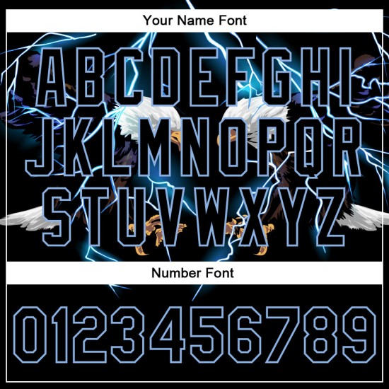 Custom Black Light Blue-White Lightning Eagle 3D Pattern Design Bomber Full-Snap Varsity Letterman Jacket Custom Black Light Blue-White Lightning Eagle 3D Pattern Design Bomber Full-Snap Varsity Letterman Jacket
