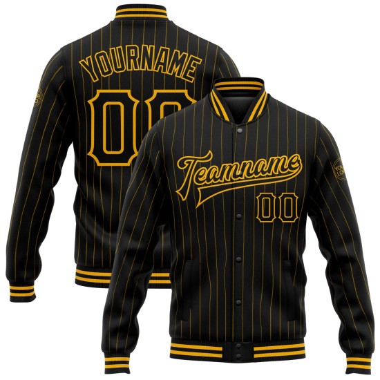 Custom Black Gold Pinstripe Gold Bomber Full-Snap Varsity Letterman Jacket Custom Black Gold Pinstripe Gold Bomber Full-Snap Varsity Letterman Jacket