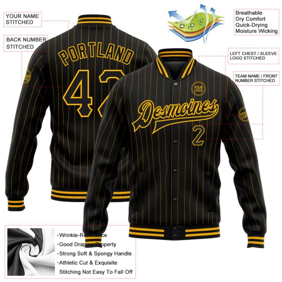 Custom Black Gold Pinstripe Gold Bomber Full-Snap Varsity Letterman Jacket Custom Black Gold Pinstripe Gold Bomber Full-Snap Varsity Letterman Jacket