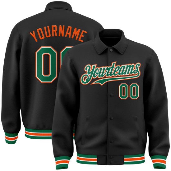 Custom Black Kelly Green-Orange Bomber Full-Snap Varsity Letterman Lapel Collar Byron Jacket Custom Black Kelly Green-Orange Bomber Full-Snap Varsity Letterman Lapel Collar Byron Jacket
