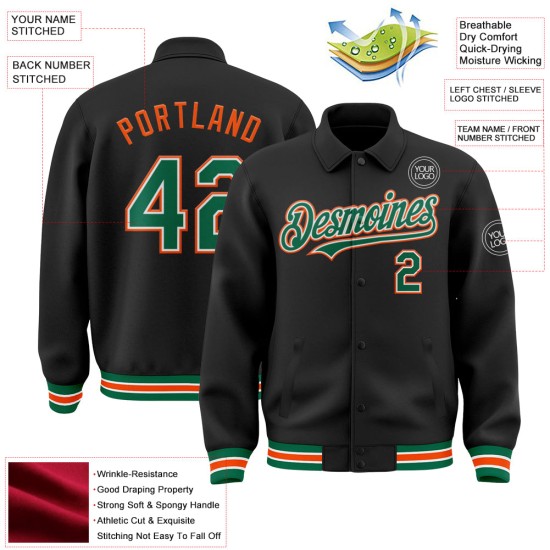 Custom Black Kelly Green-Orange Bomber Full-Snap Varsity Letterman Lapel Collar Byron Jacket Custom Black Kelly Green-Orange Bomber Full-Snap Varsity Letterman Lapel Collar Byron Jacket