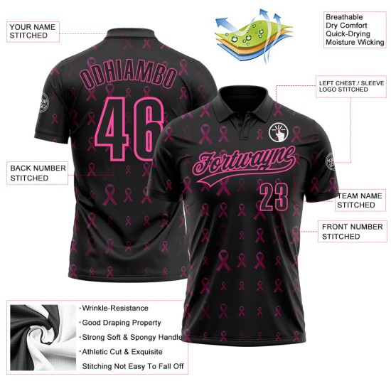 Custom Black Pink 3D Pink Ribbon Breast Cancer Awareness Month Women Health Care Support Performance Polo Shirt Custom Black Pink 3D Pink Ribbon Breast Cancer Awareness Month Women Health Care Support Performance Polo Shirt