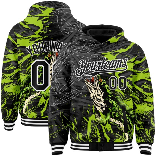 Custom Black Neon Green-White Snakehead Fish Fishing 3D Bomber Full-Snap Varsity Letterman Hoodie Jacket Custom Black Neon Green-White Snakehead Fish Fishing 3D Bomber Full-Snap Varsity Letterman Hoodie Jacket