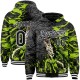 Custom Black Neon Green-White Snakehead Fish Fishing 3D Bomber Full-Snap Varsity Letterman Hoodie Jacket Custom Black Neon Green-White Snakehead Fish Fishing 3D Bomber Full-Snap Varsity Letterman Hoodie Jacket