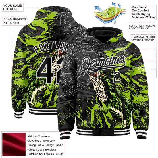 Custom Black Neon Green-White Snakehead Fish Fishing 3D Bomber Full-Snap Varsity Letterman Hoodie Jacket Custom Black Neon Green-White Snakehead Fish Fishing 3D Bomber Full-Snap Varsity Letterman Hoodie Jacket