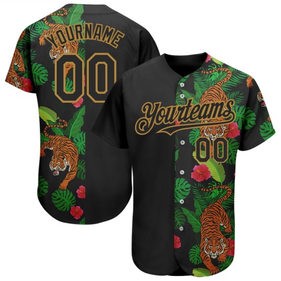 Custom Black Old Gold 3D Pattern Design Hawaii Tropical Tiger Authentic rugby Jersey Custom Black Old Gold 3D Pattern Design Hawaii Tropical Tiger Authentic rugby Jersey