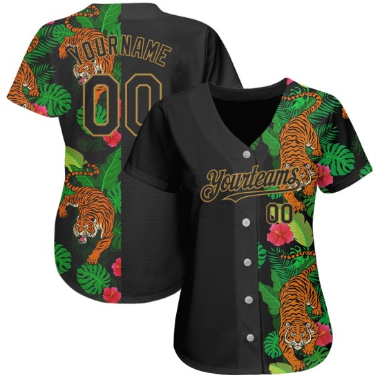 Custom Black Old Gold 3D Pattern Design Hawaii Tropical Tiger Authentic rugby Jersey Custom Black Old Gold 3D Pattern Design Hawaii Tropical Tiger Authentic rugby Jersey