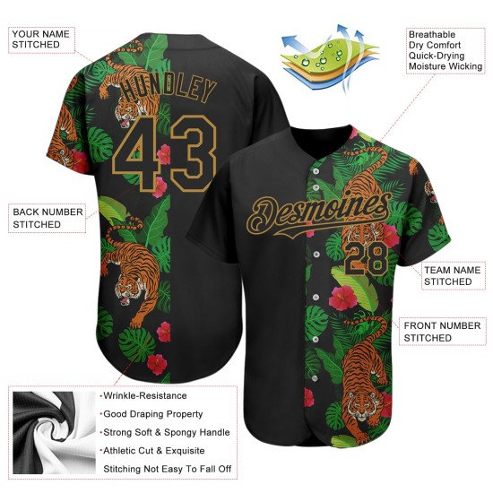 Custom Black Old Gold 3D Pattern Design Hawaii Tropical Tiger Authentic rugby Jersey Custom Black Old Gold 3D Pattern Design Hawaii Tropical Tiger Authentic rugby Jersey