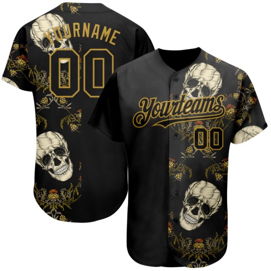 Custom Black Old Gold 3D Plant And Skull Fashion Authentic rugby Jersey Custom Black Old Gold 3D Plant And Skull Fashion Authentic rugby Jersey