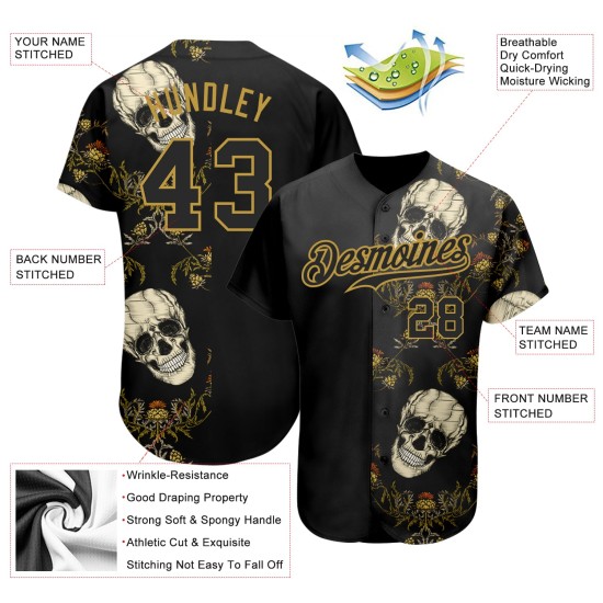 Custom Black Old Gold 3D Plant And Skull Fashion Authentic rugby Jersey Custom Black Old Gold 3D Plant And Skull Fashion Authentic rugby Jersey
