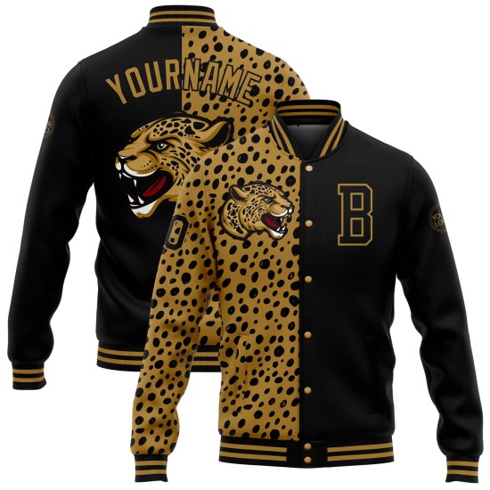 Custom Black Old Gold Leopard Print 3D Pattern Design Bomber Full-Snap Varsity Letterman Jacket Custom Black Old Gold Leopard Print 3D Pattern Design Bomber Full-Snap Varsity Letterman Jacket
