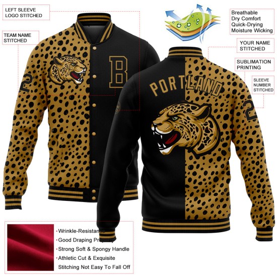 Custom Black Old Gold Leopard Print 3D Pattern Design Bomber Full-Snap Varsity Letterman Jacket Custom Black Old Gold Leopard Print 3D Pattern Design Bomber Full-Snap Varsity Letterman Jacket