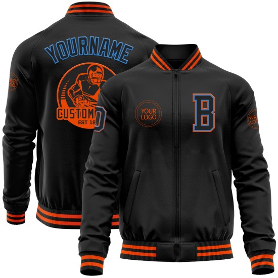 Custom Black Powder Blue-Orange Bomber Varsity Letterman Zipper Jacket Custom Black Powder Blue-Orange Bomber Varsity Letterman Zipper Jacket