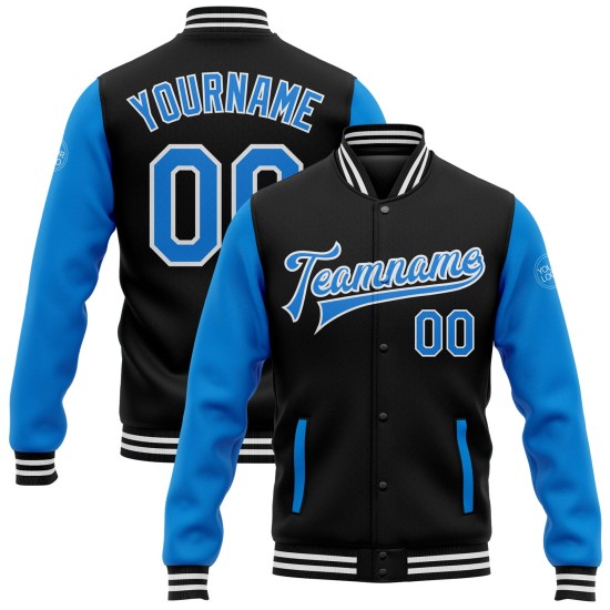 Custom Black Powder Blue-White Bomber Full-Snap Varsity Letterman Two Tone Jacket Custom Black Powder Blue-White Bomber Full-Snap Varsity Letterman Two Tone Jacket