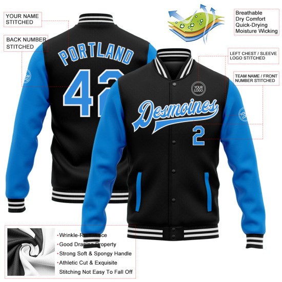 Custom Black Powder Blue-White Bomber Full-Snap Varsity Letterman Two Tone Jacket Custom Black Powder Blue-White Bomber Full-Snap Varsity Letterman Two Tone Jacket