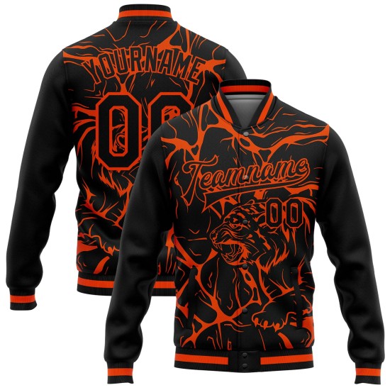 Custom Black Orange Abstract Network And Tiger 3D Pattern Design Bomber Full-Snap Varsity Letterman Jacket Custom Black Orange Abstract Network And Tiger 3D Pattern Design Bomber Full-Snap Varsity Letterman Jacket