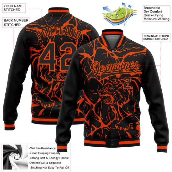Custom Black Orange Abstract Network And Tiger 3D Pattern Design Bomber Full-Snap Varsity Letterman Jacket Custom Black Orange Abstract Network And Tiger 3D Pattern Design Bomber Full-Snap Varsity Letterman Jacket
