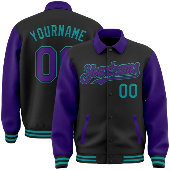 Custom Black Purple-Teal Bomber Full-Snap Varsity Letterman Two Tone Lapel Collar Byron Jacket Custom Black Purple-Teal Bomber Full-Snap Varsity Letterman Two Tone Lapel Collar Byron Jacket