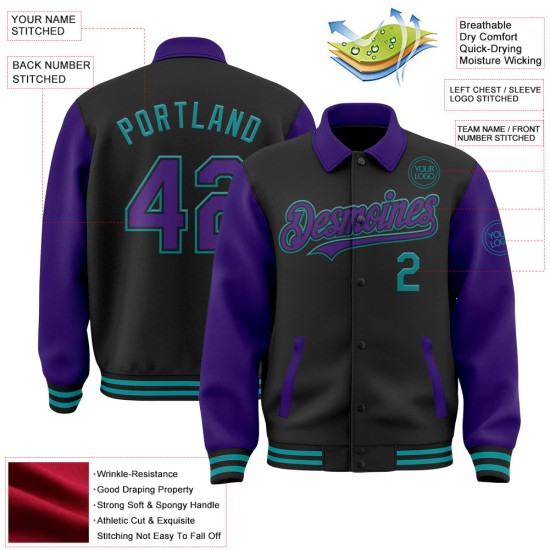 Custom Black Purple-Teal Bomber Full-Snap Varsity Letterman Two Tone Lapel Collar Byron Jacket Custom Black Purple-Teal Bomber Full-Snap Varsity Letterman Two Tone Lapel Collar Byron Jacket