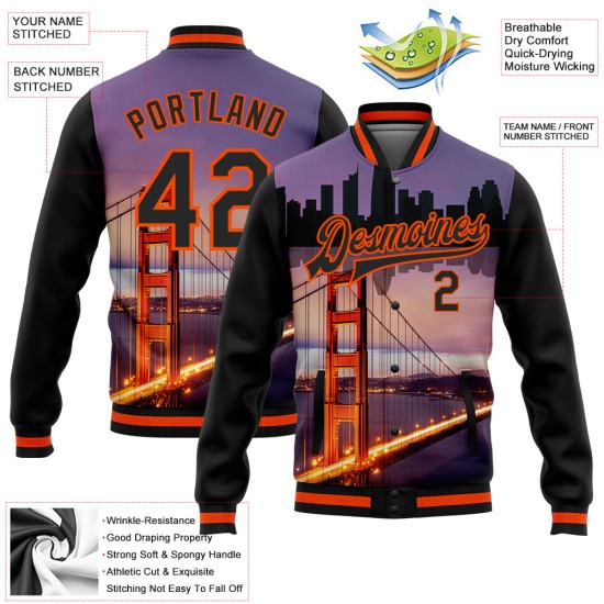Custom Black Orange The Golden Gate Bridge San Francisco California City Edition 3D Bomber Full-Snap Varsity Letterman Jacket Custom Black Orange The Golden Gate Bridge San Francisco California City Edition 3D Bomber Full-Snap Varsity Letterman Jacket