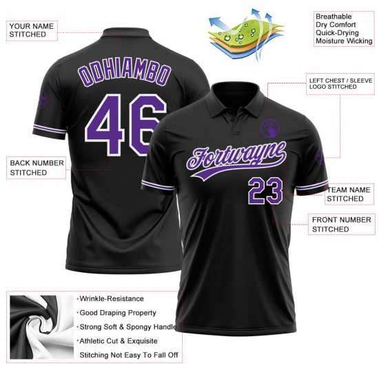 Custom Black Purple-White Performance Vapor Golf Polo Shirt Custom Black Purple-White Performance Vapor Golf Polo Shirt