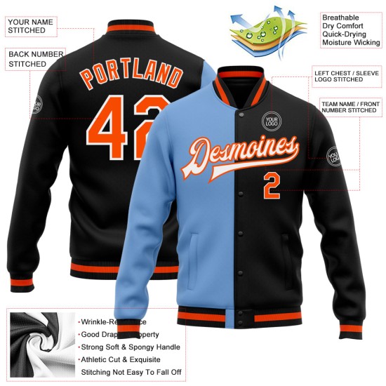 Custom Black Orange-Light Blue Bomber Full-Snap Varsity Letterman Split Fashion Jacket Custom Black Orange-Light Blue Bomber Full-Snap Varsity Letterman Split Fashion Jacket