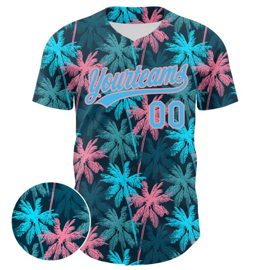 Custom Black Sky Blue-Medium Pink 3D Pattern Design Tropical Hawaii Palm Trees Authentic rugby Jersey Custom Black Sky Blue-Medium Pink 3D Pattern Design Tropical Hawaii Palm Trees Authentic rugby Jersey