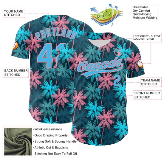 Custom Black Sky Blue-Medium Pink 3D Pattern Design Tropical Hawaii Palm Trees Authentic rugby Jersey Custom Black Sky Blue-Medium Pink 3D Pattern Design Tropical Hawaii Palm Trees Authentic rugby Jersey