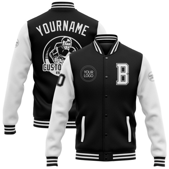 Custom Black White Bomber Full-Snap Varsity Letterman Two Tone Jacket Custom Black White Bomber Full-Snap Varsity Letterman Two Tone Jacket