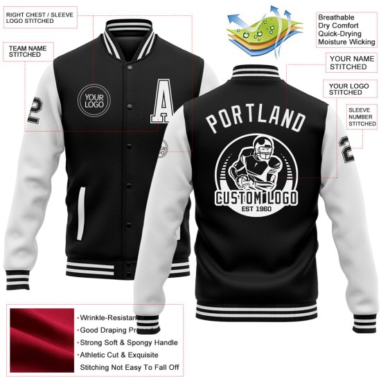 Custom Black White Bomber Full-Snap Varsity Letterman Two Tone Jacket Custom Black White Bomber Full-Snap Varsity Letterman Two Tone Jacket